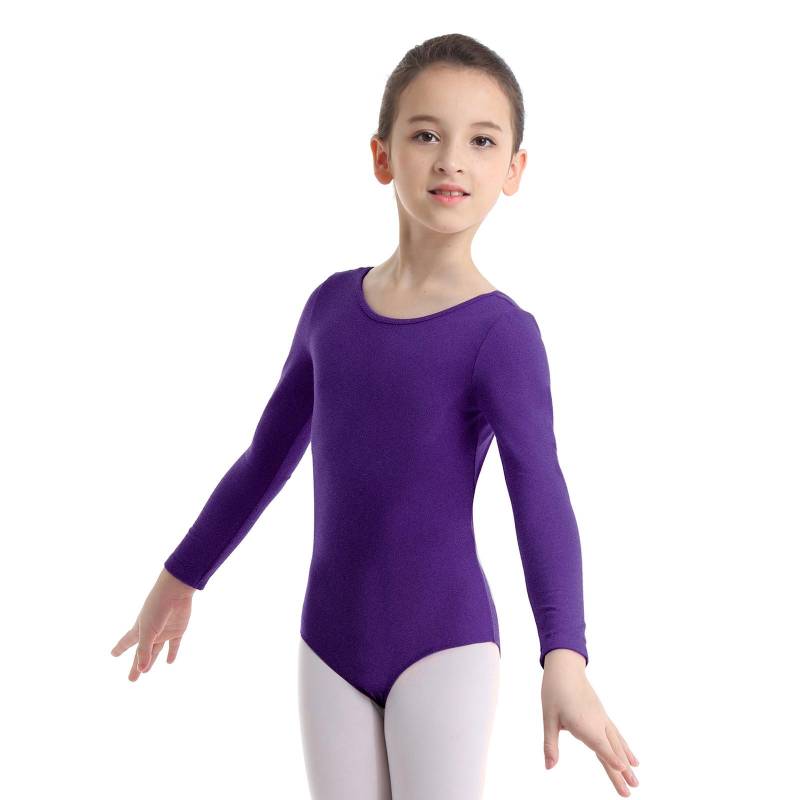 Kinder-Mädchen-Klassiker-Langarm-Gymnastik-Trikot mit Rundhalsausschnitt, Ballett-Tanz-Body, Tanzbekleidung, Activewear 3-4 Years violett von Joom DACH