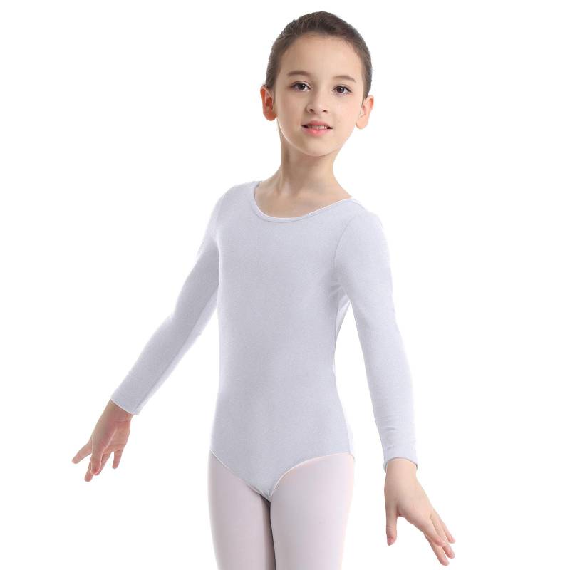 Kinder-Mädchen-Klassiker-Langarm-Gymnastik-Trikot mit Rundhalsausschnitt, Ballett-Tanz-Body, Tanzbekleidung, Activewear weiß von Joom DACH