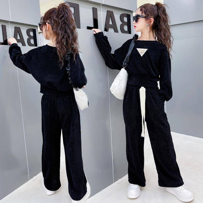 Kinder Mädchen Kleidung Sets Herbst Frühling Langarm Sweatshirt + Breite Bein Hosen Kinder Kleidung Anzüge 130 schwarz von Joom DACH