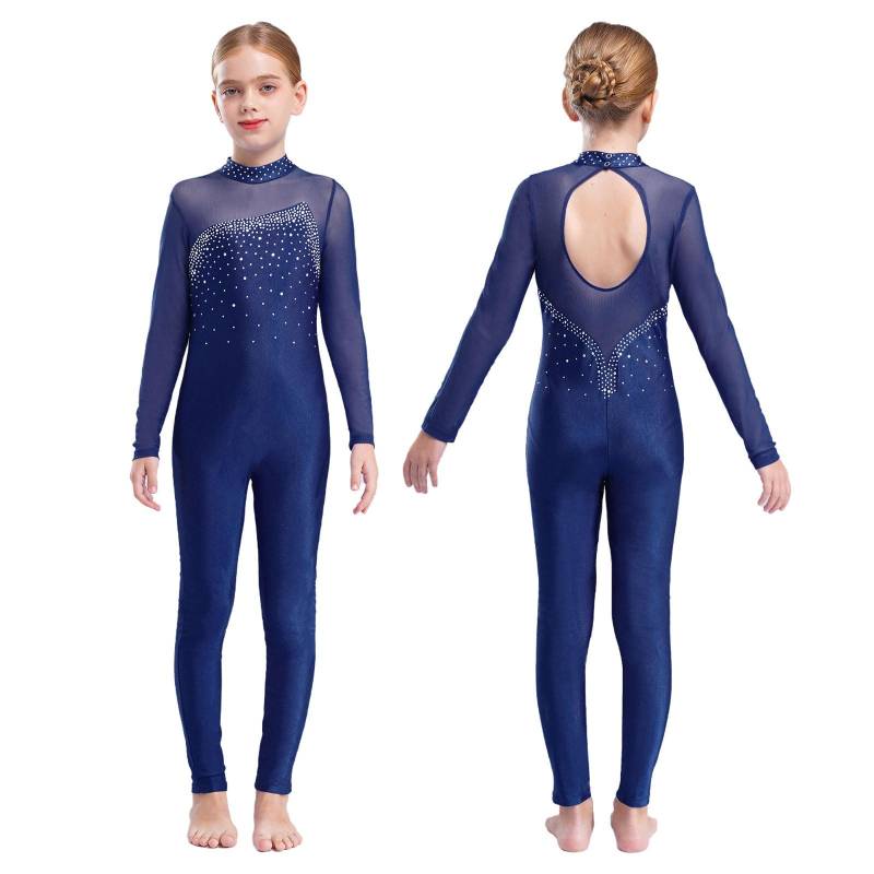 Kinder-Mädchen-Langarm-Einteiler, glänzender Strass-Ganzanzug, Ganzkörper-Tanztrikot, Bodysusit 13-14 Years navy blau von Joom DACH