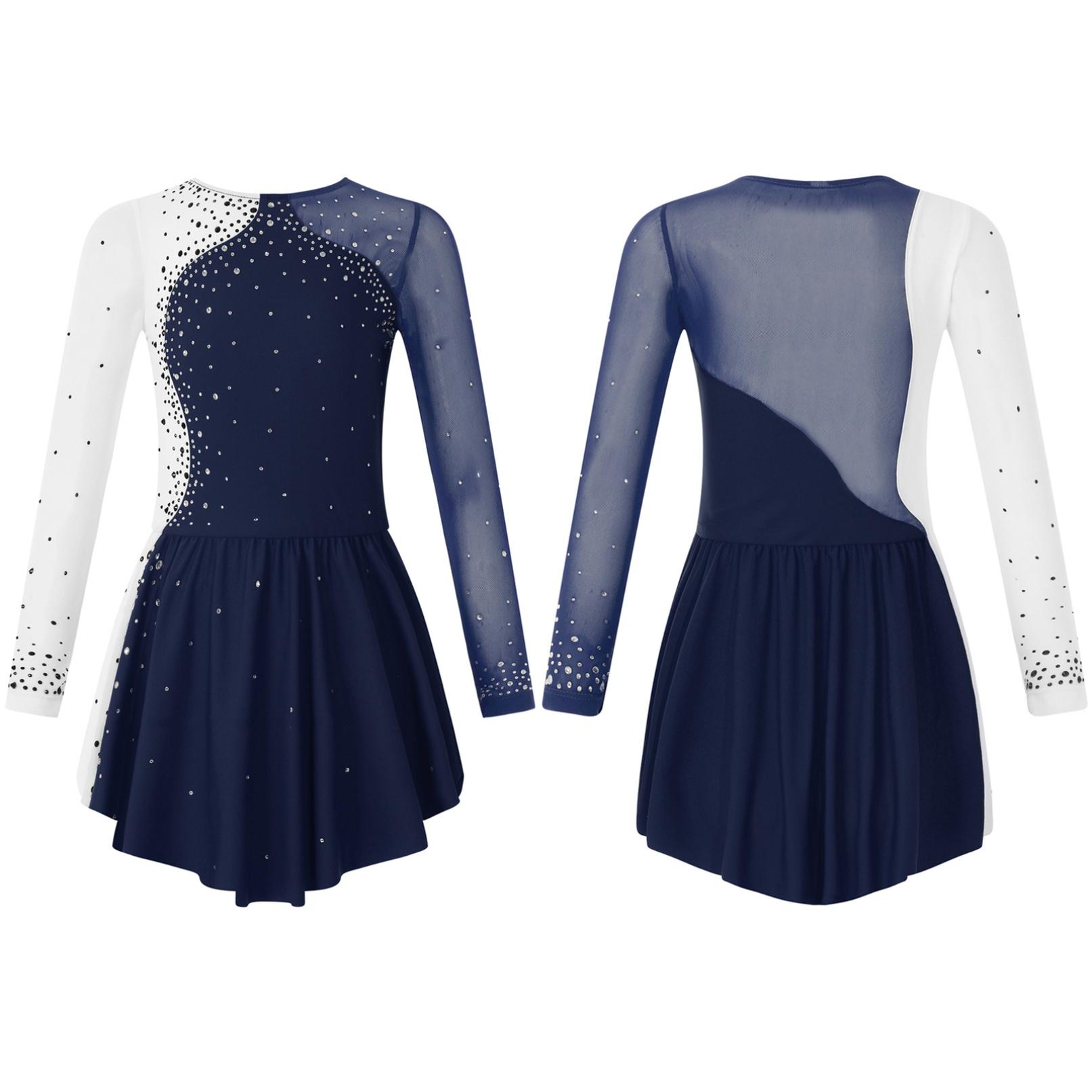 Kinder Mädchen Langarm Eiskunstlauf Kleid Ballerina Shiny Diamond Ballett Tanz Trikots Kostüm 13-14 Years navy blau von Joom DACH