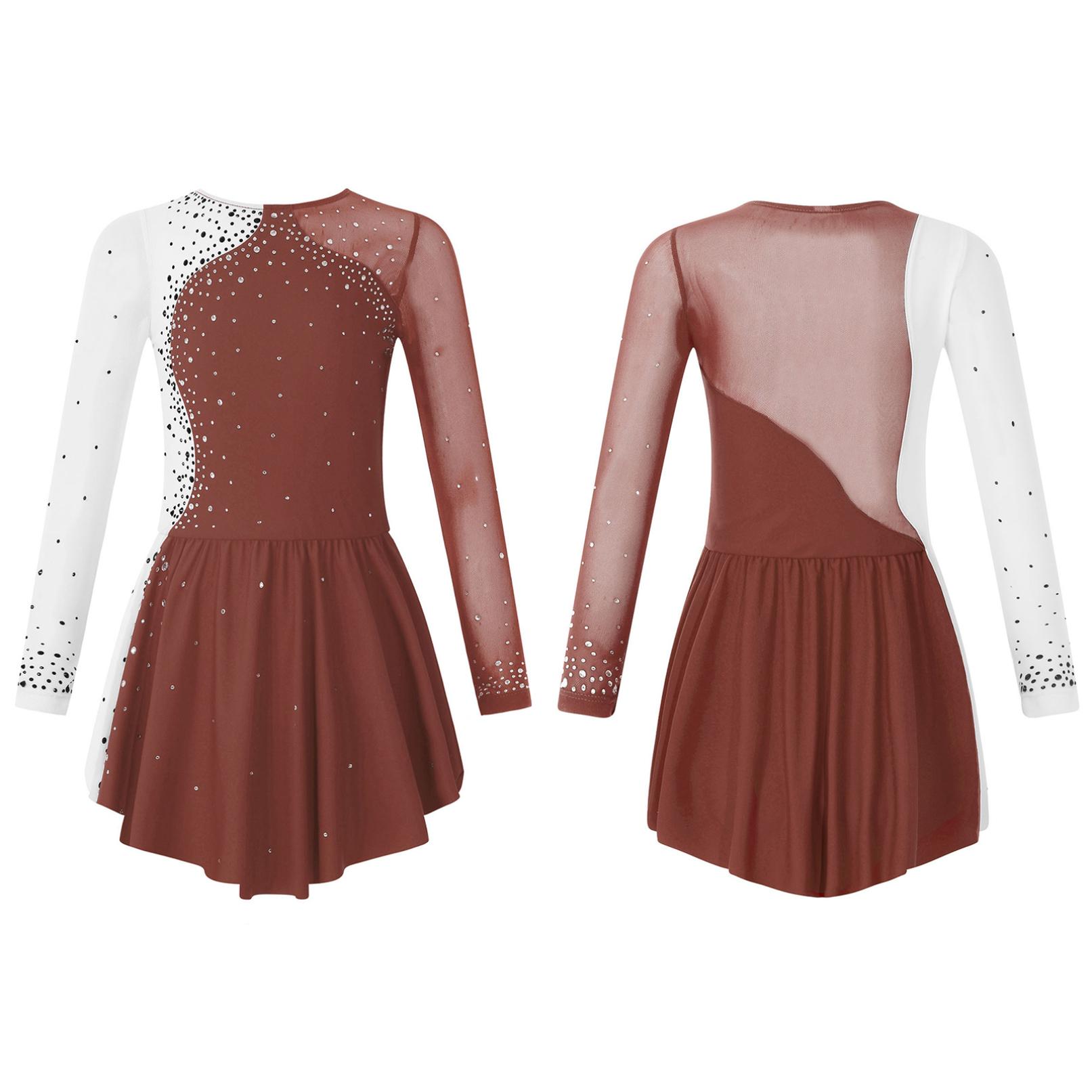 Kinder Mädchen Langarm Eiskunstlauf Kleid Ballerina Shiny Diamond Ballett Tanz Trikots Kostüm 15-16 Years braun von Joom DACH