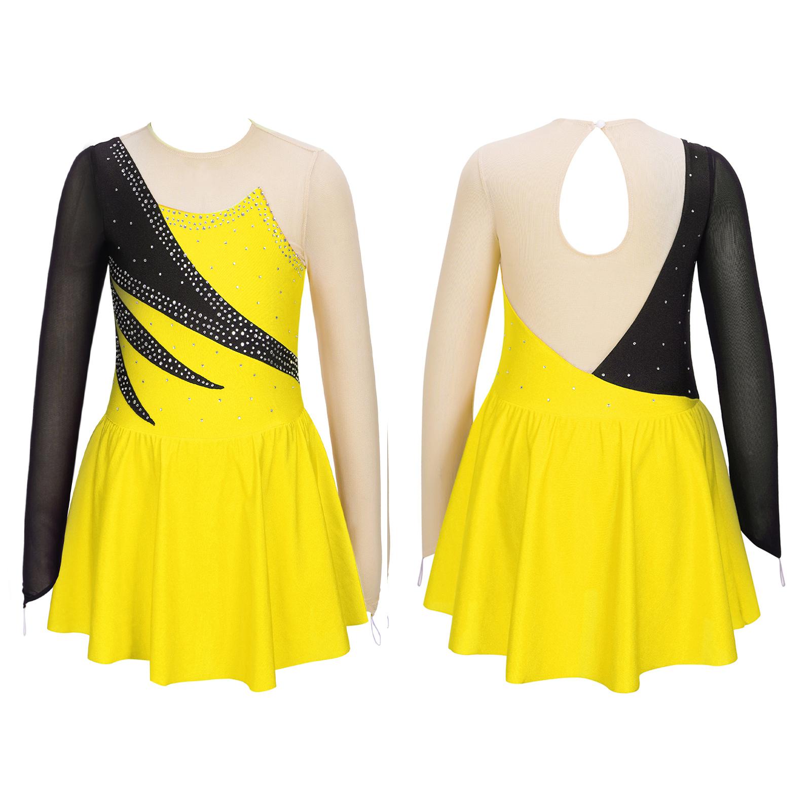 Kinder Mädchen Langarm Glitzernde Strass Dekor Hohler Rücken Gymnastik Tanz Skaten Kleider 7-8 Years gelb von Joom DACH