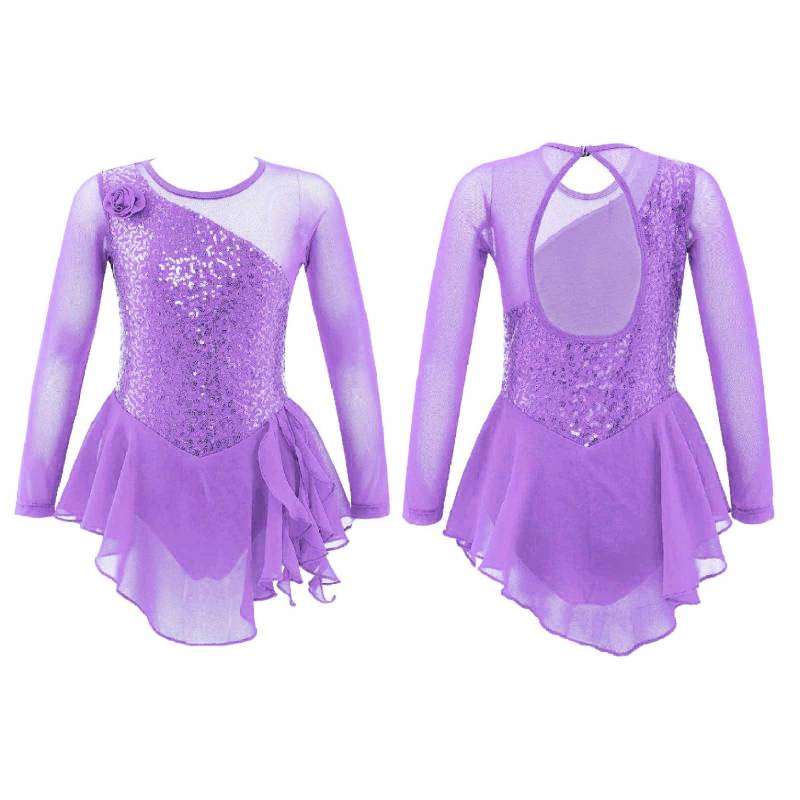 Kinder Mädchen Langarm Pailletten Ausschnitt Rücken Figur Eislaufen Kleid Ballett Tanz Gymnastik Trikot Kleid 3-4 Years licht lila von Joom DACH