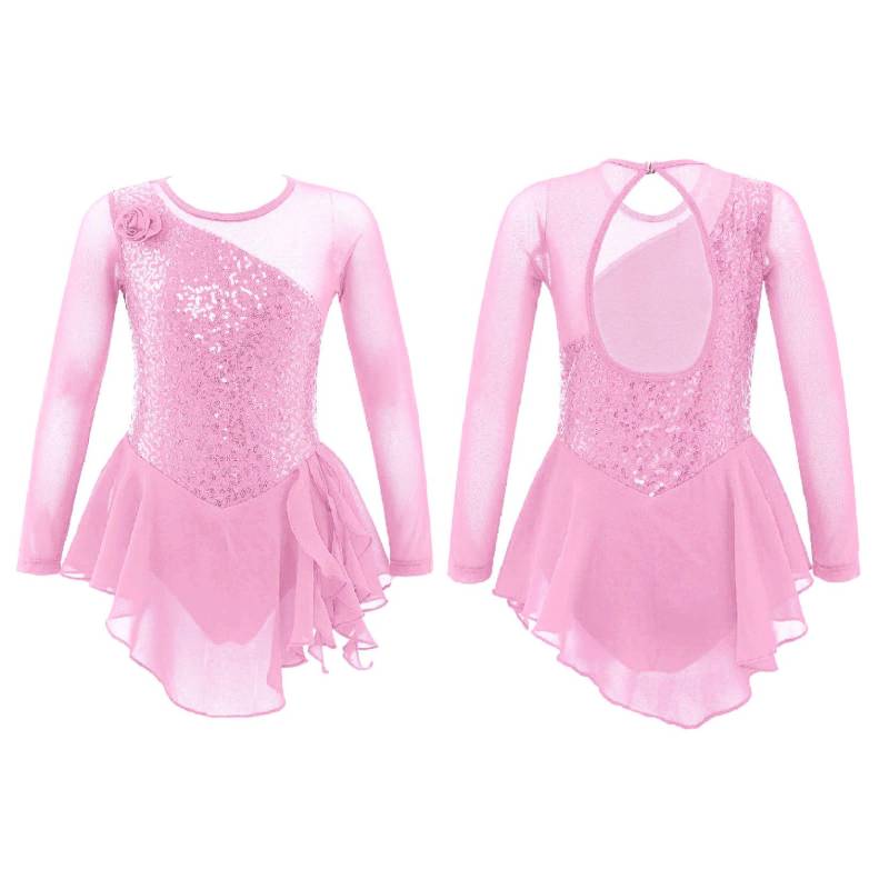 Kinder Mädchen Langarm Pailletten Ausschnitt Rücken Figur Eislaufen Kleid Ballett Tanz Gymnastik Trikot Kleid 5-6 Years rosa von Joom DACH