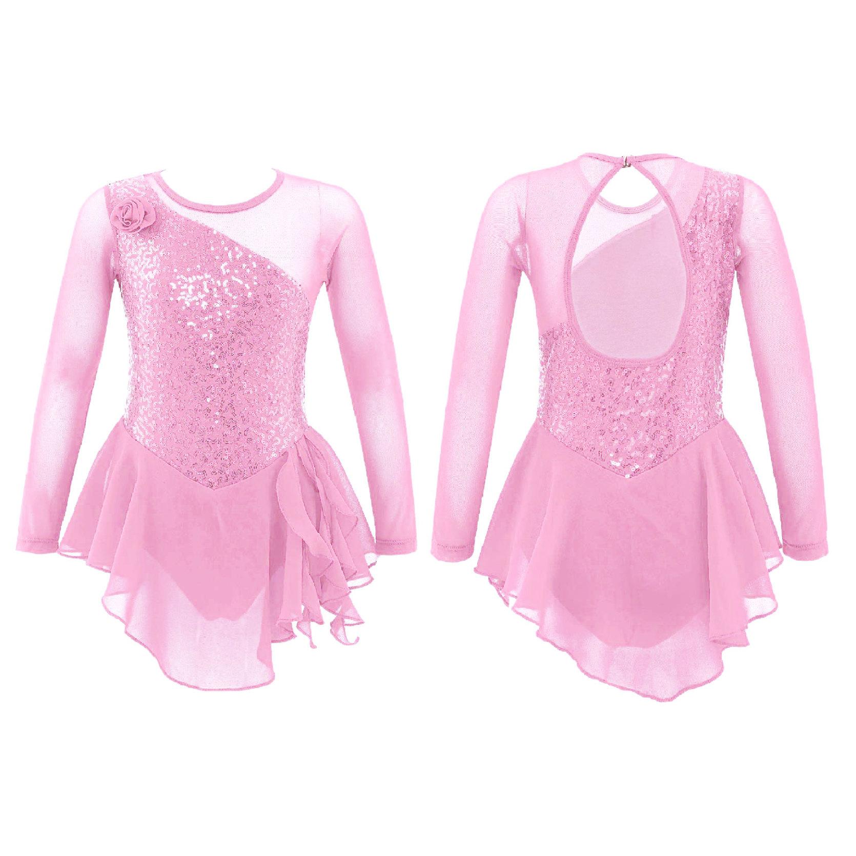 Kinder Mädchen Langarm Pailletten Ausschnitt Rücken Figur Eislaufen Kleid Ballett Tanz Gymnastik Trikot Kleid 7-8 Years rosa von Joom DACH
