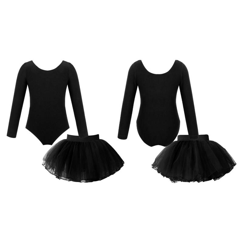 Kinder Mädchen Langarm-Rundhals-Trikot mit elastischem Bund, Tutu-Schichtrock für Ballett-Tanzaufführungen 5-6 Years schwarz von Joom DACH
