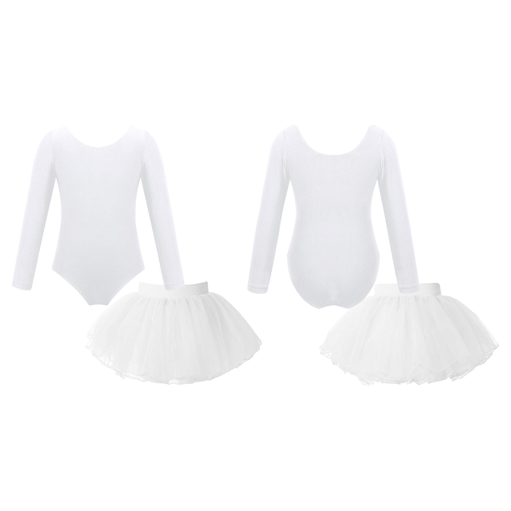 Kinder Mädchen Langarm-Rundhals-Trikot mit elastischem Bund, Tutu-Schichtrock für Ballett-Tanzaufführungen weiß von Joom DACH