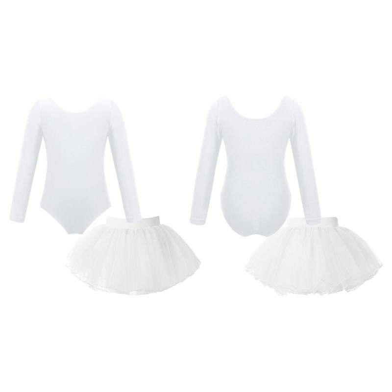 Kinder Mädchen Langarm-Rundhals-Trikot mit elastischem Bund, Tutu-Schichtrock für Ballett-Tanzaufführungen weiß von Joom DACH