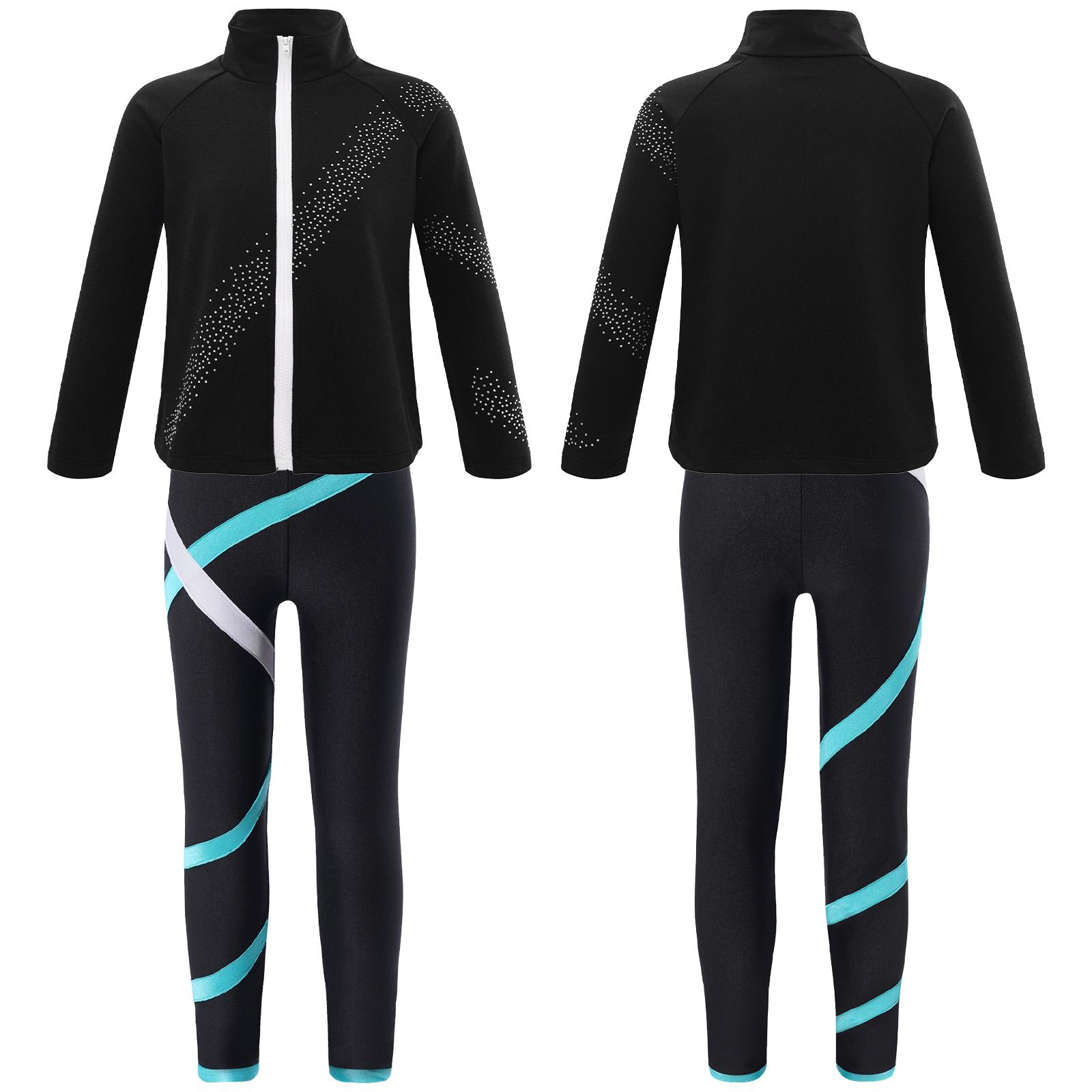 Kinder Mädchen Langarm Stehkragen Strass Reißverschluss Jacke Tops mit Leggings für Eiskunstlauf Workout Sport grün von Joom DACH