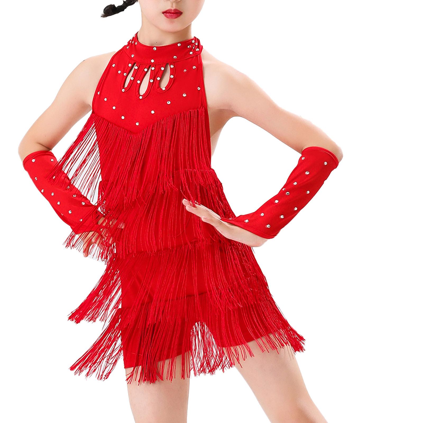 Kinder Mädchen Latein Salsa Gesellschaftstanz Outfits Stufen Quasten Neckholder Ärmellos Rückenfrei Fransen Bodysuit mit Handschuhen 7-8 Years rot von Joom DACH