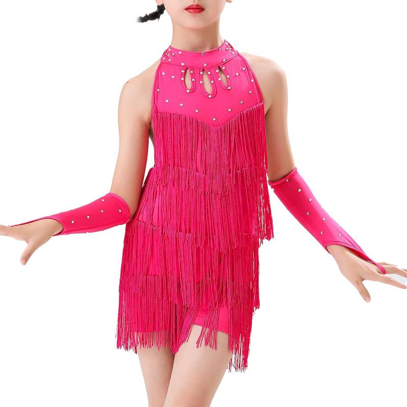 Kinder Mädchen Latein Salsa Gesellschaftstanz Outfits Stufen Quasten Neckholder Ärmellos Rückenfrei Fransen Bodysuit mit Handschuhen 9-10 Years heißes rosa von Joom DACH