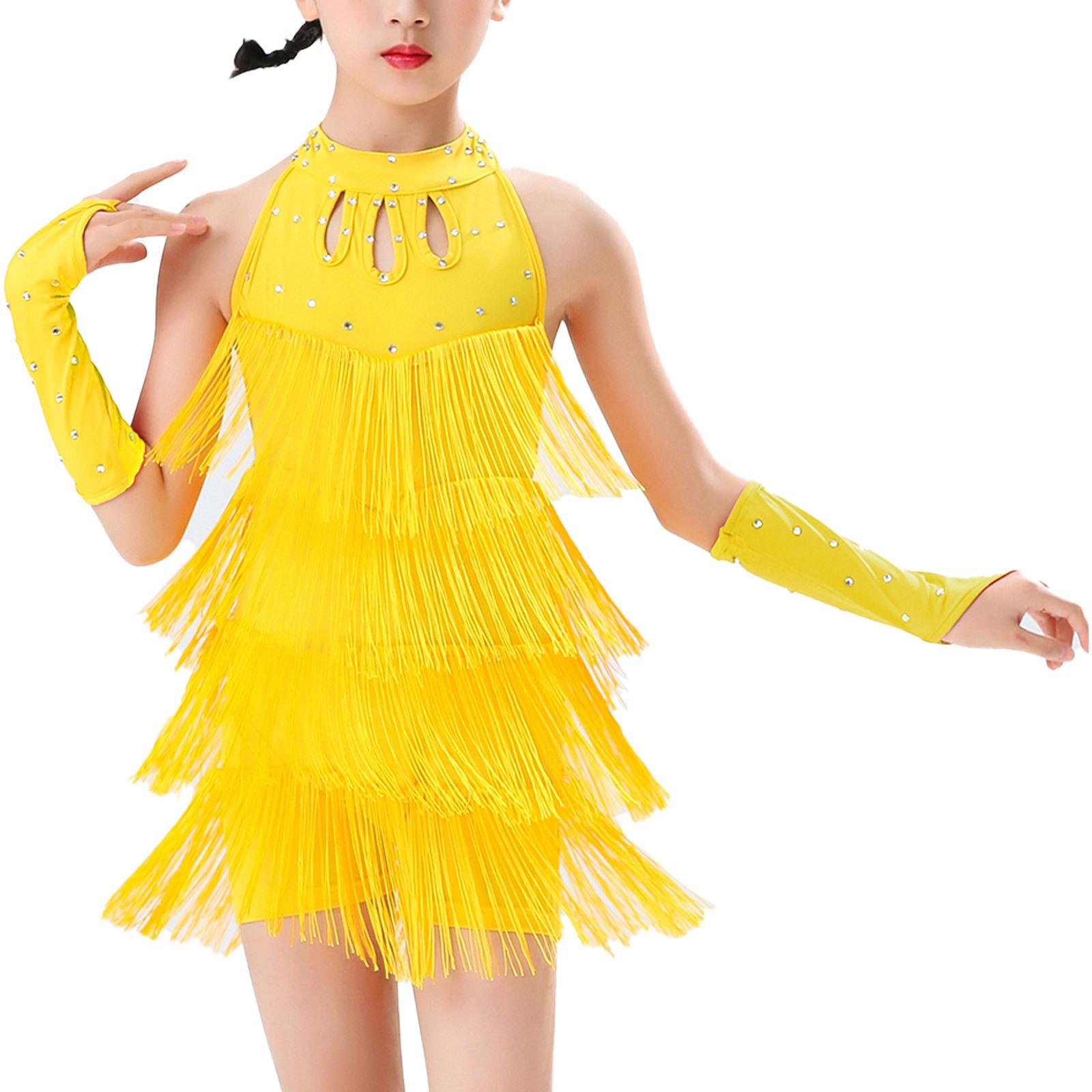 Kinder Mädchen Latein Salsa Gesellschaftstanz Outfits Stufen Quasten Neckholder Ärmellos Rückenfrei Fransen Bodysuit mit Handschuhen 9-10 Years gelb von Joom DACH