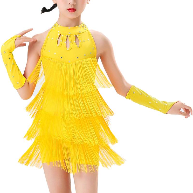 Kinder Mädchen Latein Salsa Gesellschaftstanz Outfits Stufen Quasten Neckholder Ärmellos Rückenfrei Fransen Bodysuit mit Handschuhen 9-10 Years gelb von Joom DACH