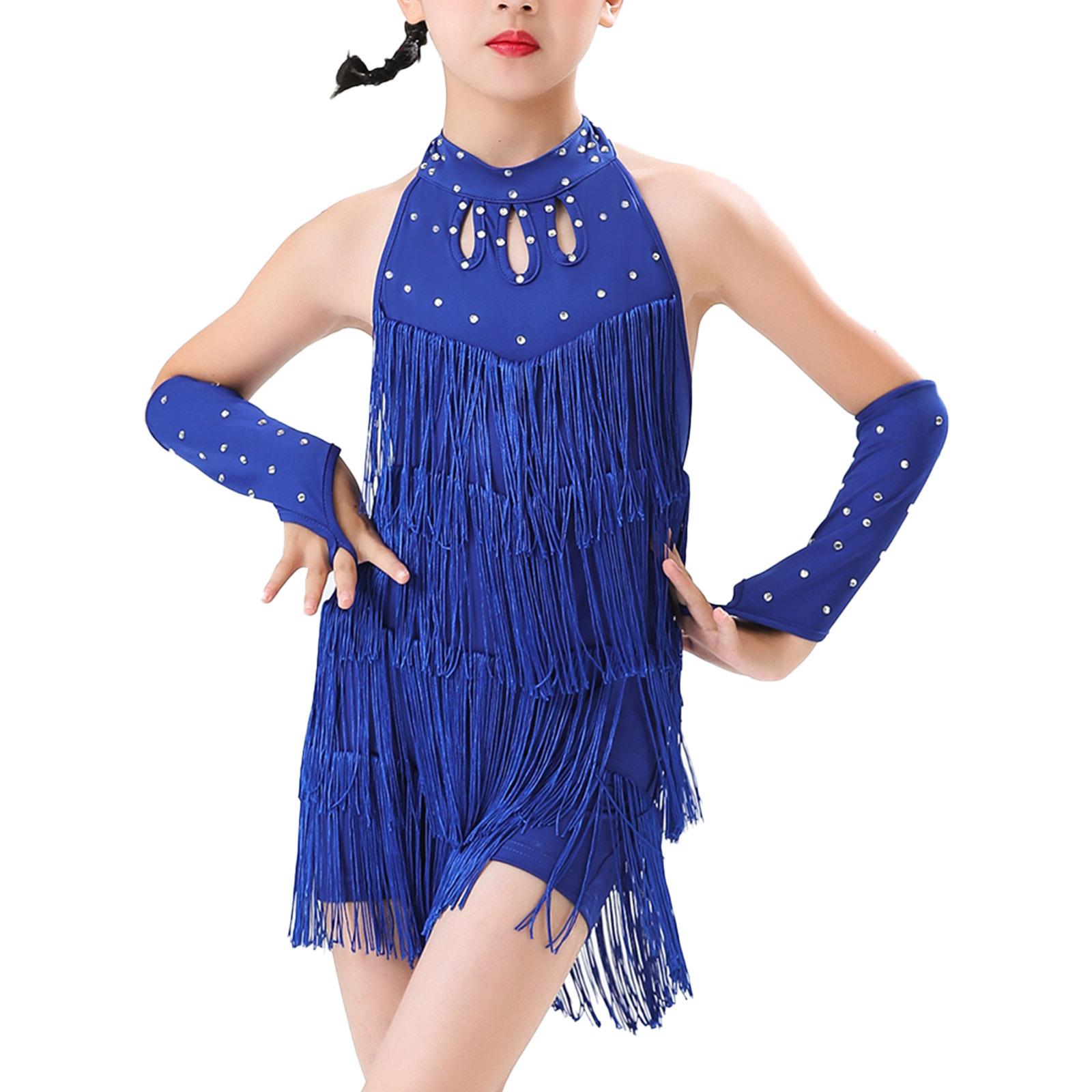 Kinder Mädchen Latein Salsa Gesellschaftstanz Outfits Stufen Quasten Neckholder Ärmellos Rückenfrei Fransen Bodysuit mit Handschuhen 9-10 Years königsblau von Joom DACH