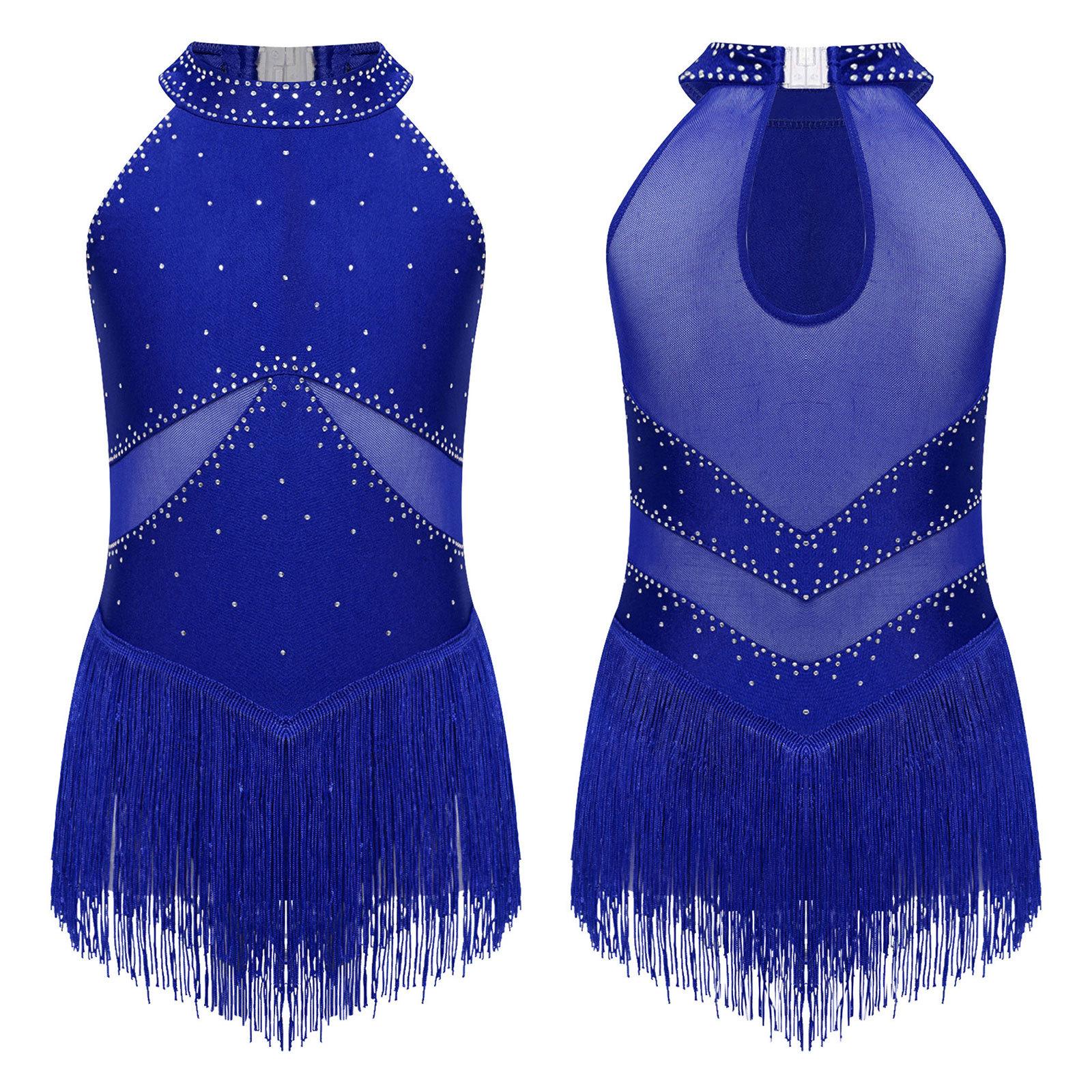 Kinder Mädchen Latein Tanz Trikot Kleid Eiskunstlauf Tango Cha-Cha Leistung Kostüm Ärmellos Strass Mesh Quaste Bodysuit 5-6 Years blau von Joom DACH
