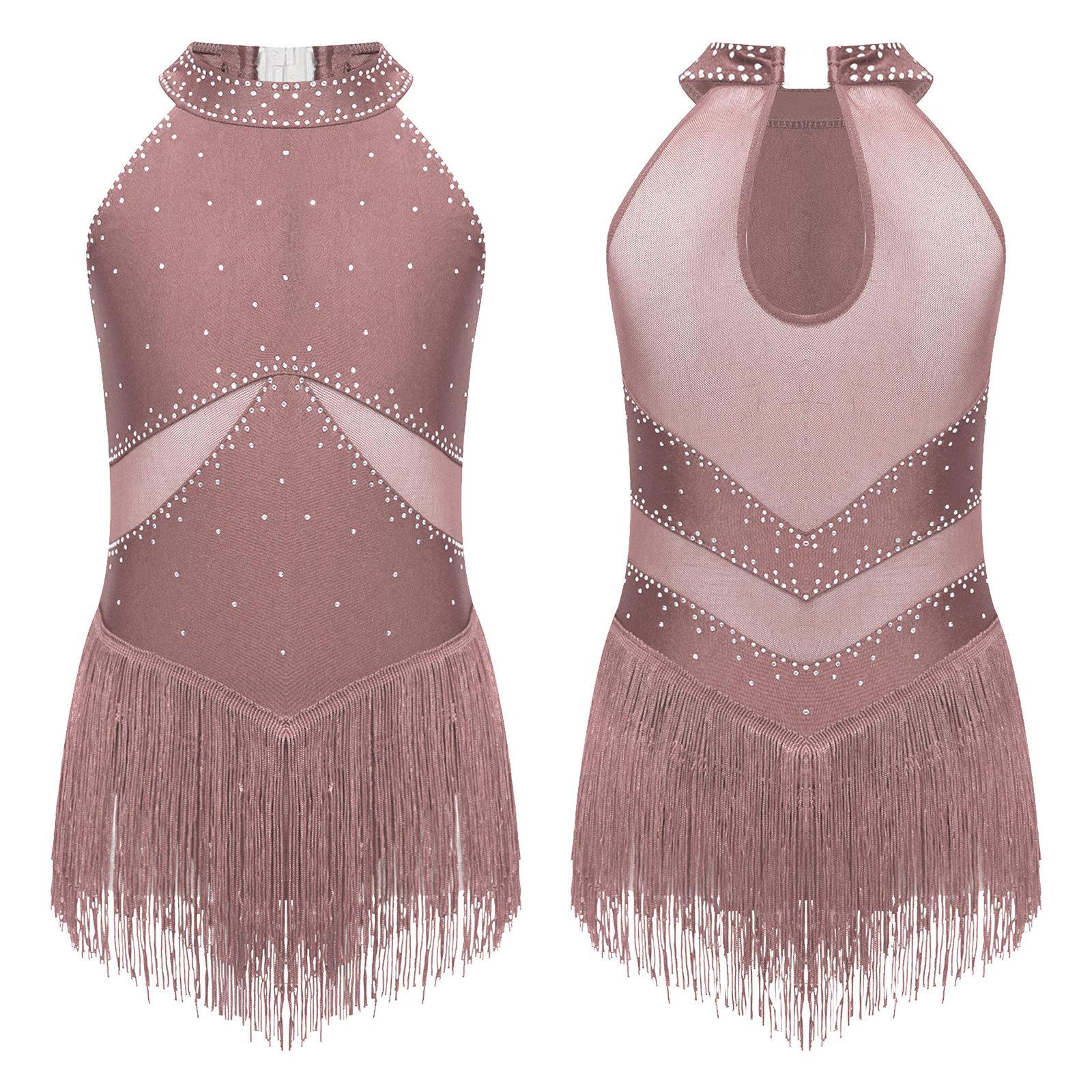Kinder Mädchen Latein Tanz Trikot Kleid Eiskunstlauf Tango Cha-Cha Leistung Kostüm Ärmellos Strass Mesh Quaste Bodysuit 5-6 Years rosa von Joom DACH