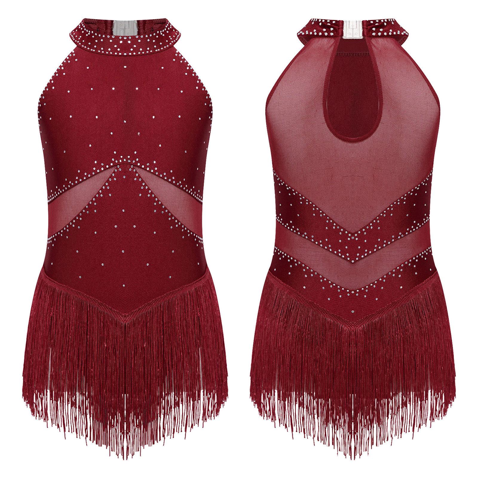 Kinder Mädchen Latein Tanz Trikot Kleid Eiskunstlauf Tango Cha-Cha Leistung Kostüm Ärmellos Strass Mesh Quaste Bodysuit 9-10 Years bordeaux von Joom DACH
