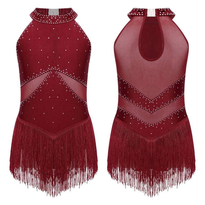 Kinder Mädchen Latein Tanz Trikot Kleid Eiskunstlauf Tango Cha-Cha Leistung Kostüm Ärmellos Strass Mesh Quaste Bodysuit 9-10 Years bordeaux von Joom DACH