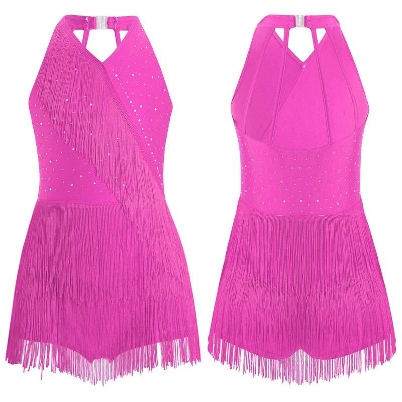 Kinder Mädchen Latein Trikot Kleid Tanzkostüm Strass Fransen Bodysuit Rockkleid Neckholder V-Ausschnitt Ärmellos Quaste Jumpsuit 7-8 Years heißes rosa von Joom DACH