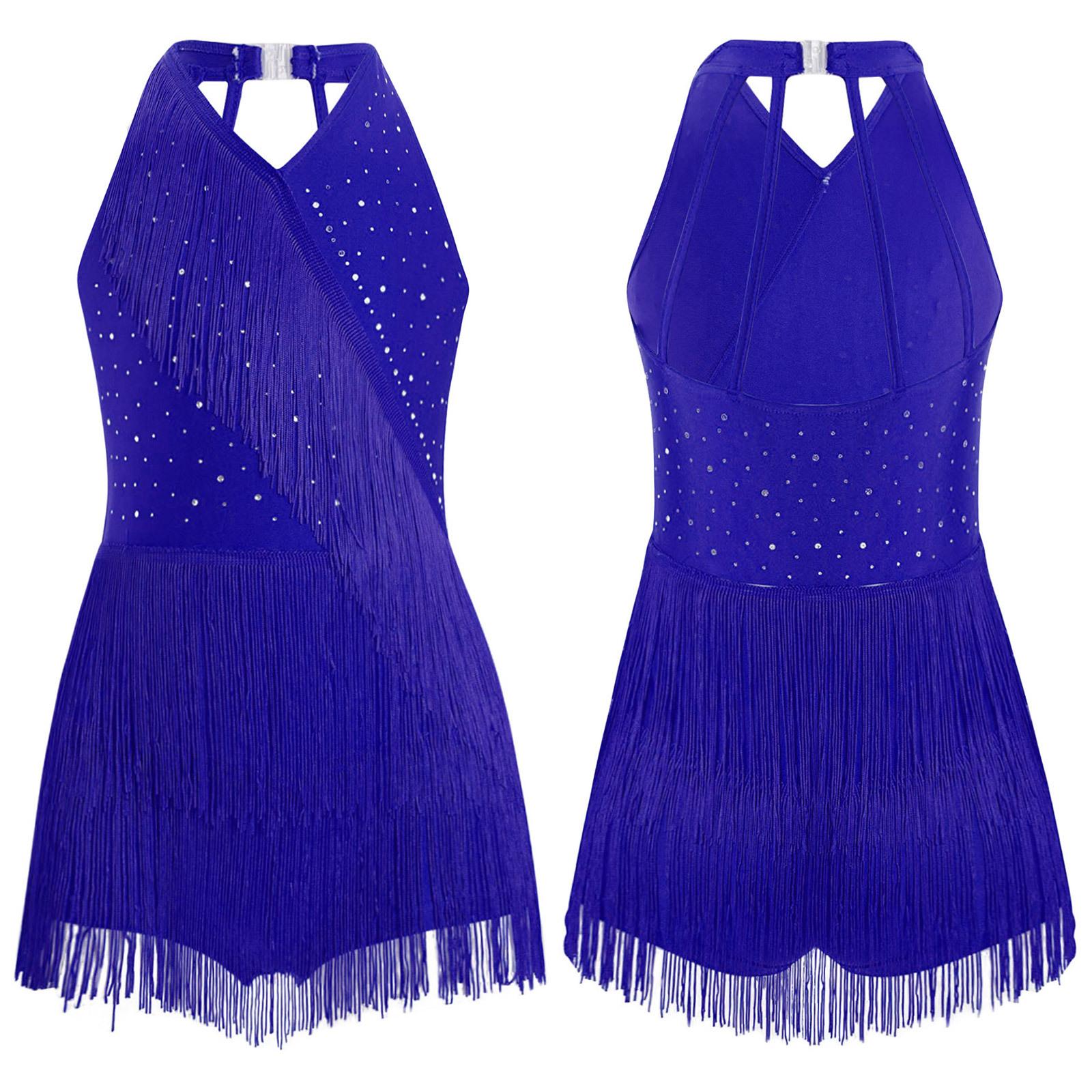 Kinder Mädchen Latein Trikot Kleid Tanzkostüm Strass Fransen Bodysuit Rockkleid Neckholder V-Ausschnitt Ärmellos Quaste Jumpsuit 9-10 Years blau von Joom DACH