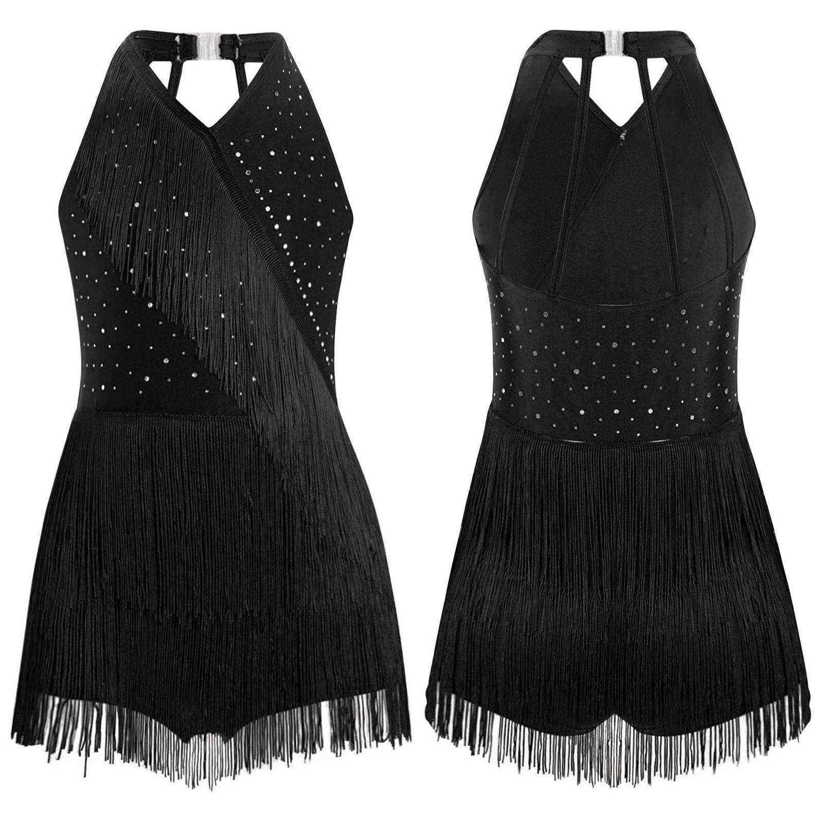 Kinder Mädchen Latein Trikot Kleid Tanzkostüm Strass Fransen Bodysuit Rockkleid Neckholder V-Ausschnitt Ärmellos Quaste Jumpsuit 9-10 Years schwarz von Joom DACH
