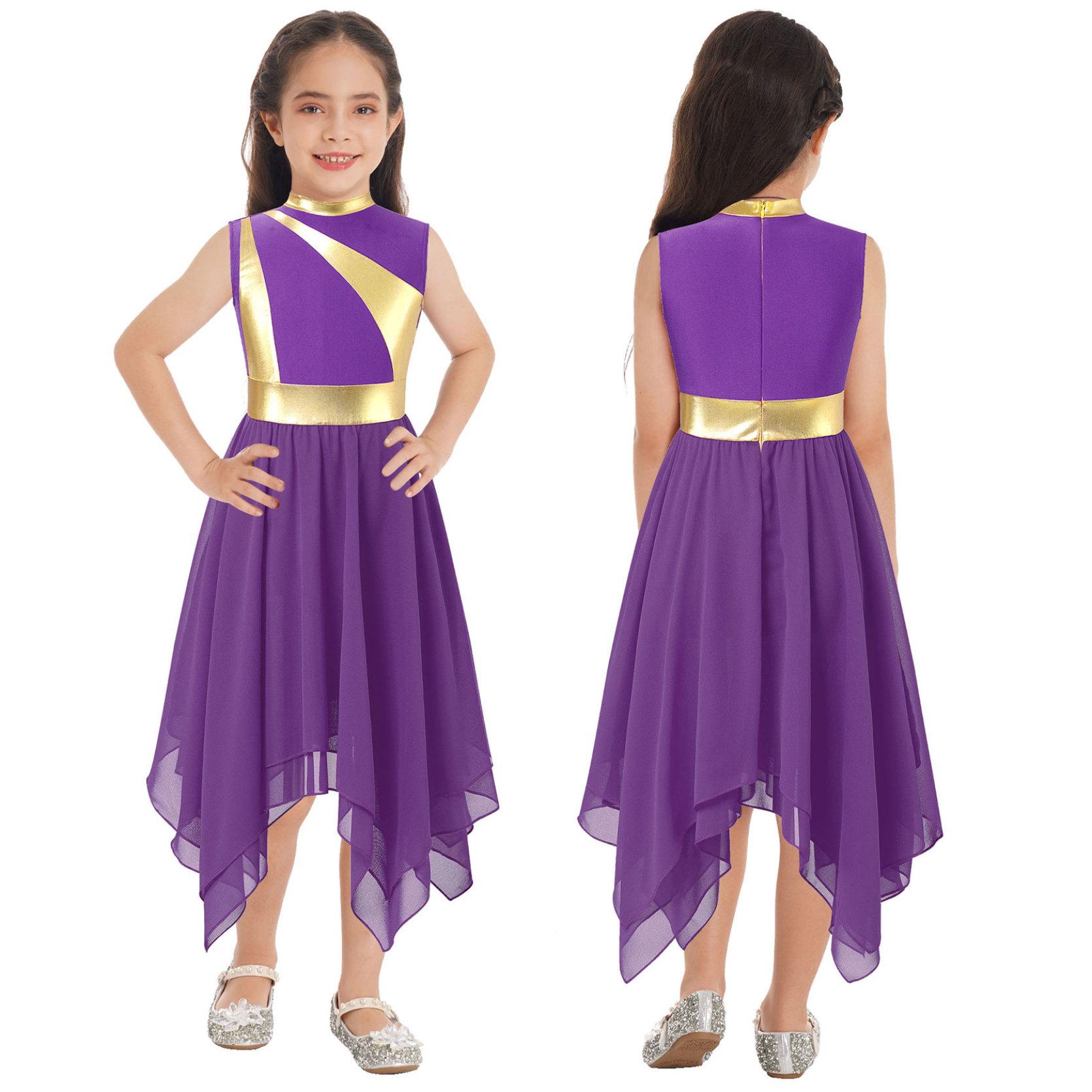 Kinder Mädchen Lobtanzkleid Metallic Patchwork Ärmelloses Kleid mit asymmetrischem Saum Modernes lyrisches Tanzkostüm 11-12 Years violett von Joom DACH