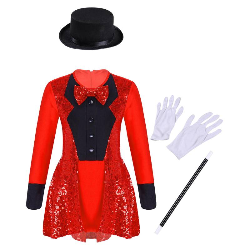 Kinder Mädchen Magier Kostüm Set Langarm Pailletten-Body mit Fliege Hut Zauberstab Handschuhe für Halloween Verkleidung 7-8 Years rot von Joom DACH