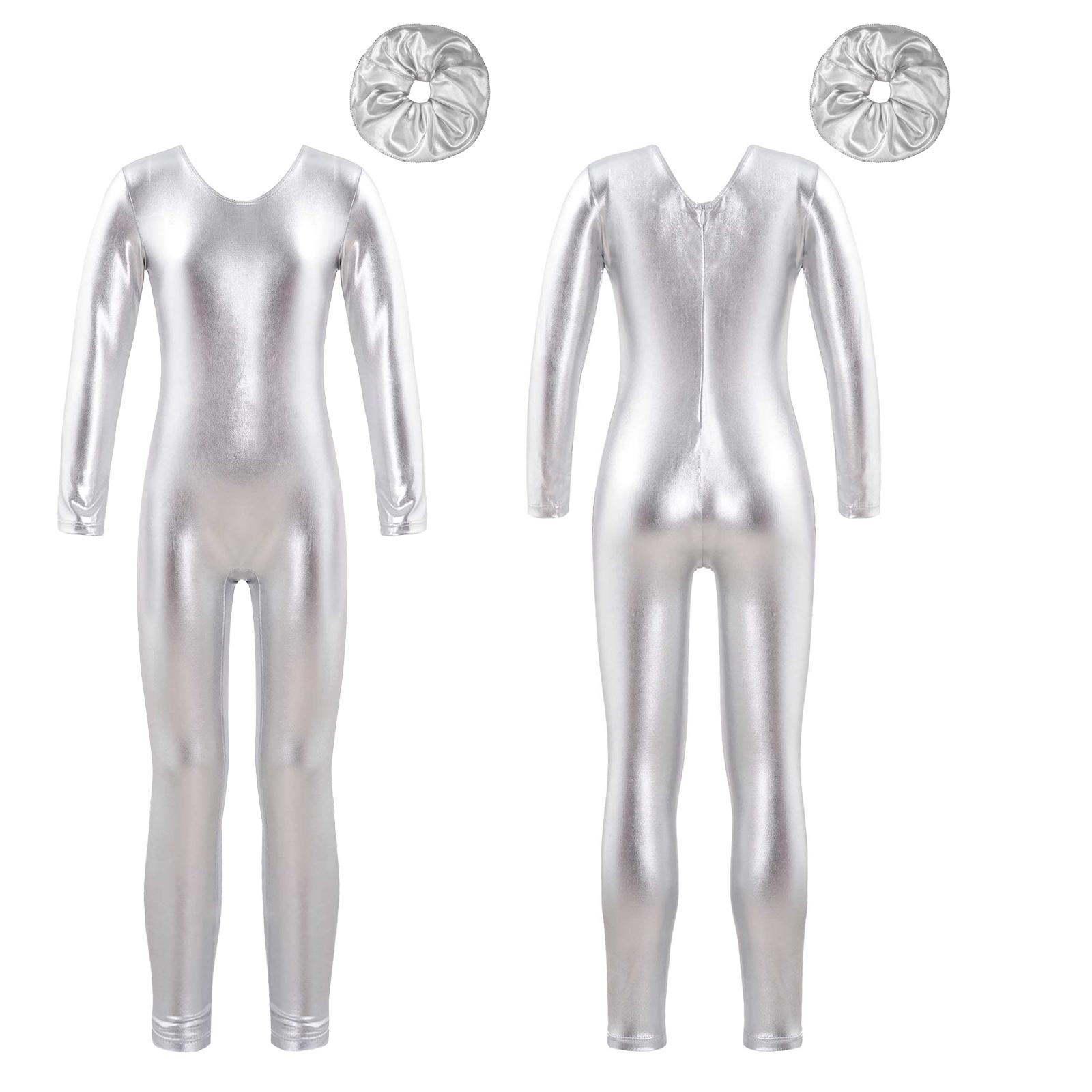 Kinder Mädchen Metallic Jumpsuit Tanzset Langarm Ganzkörper Ballett Tanz Body Gymnastik Skating Performance Trikot Kostüm 5-6 Years silber von Joom DACH