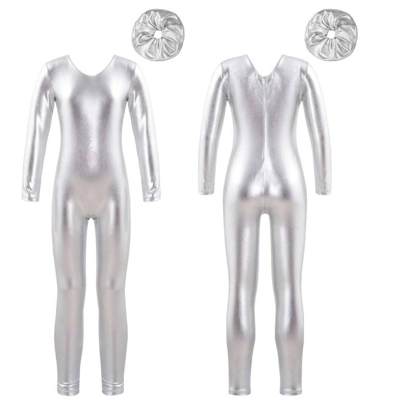 Kinder Mädchen Metallic Jumpsuit Tanzset Langarm Ganzkörper Ballett Tanz Body Gymnastik Skating Performance Trikot Kostüm 5-6 Years silber von Joom DACH