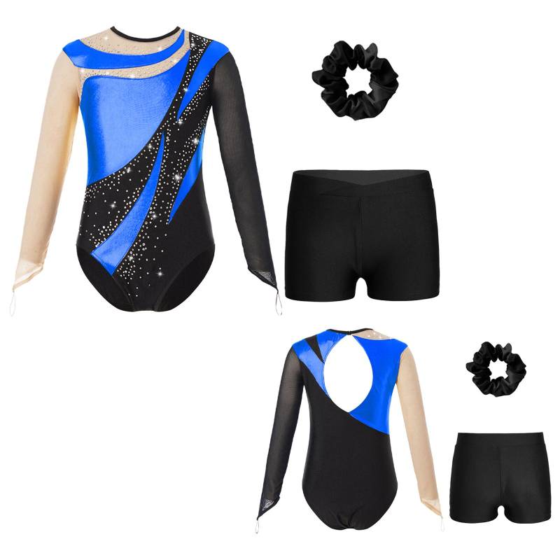 Kinder Mädchen Metallic Langarm Gymnastikanzug mit Shorts Haargummi Tanz Unitard Biketards Tanzbekleidung 15-16 Years königsblau von Joom DACH