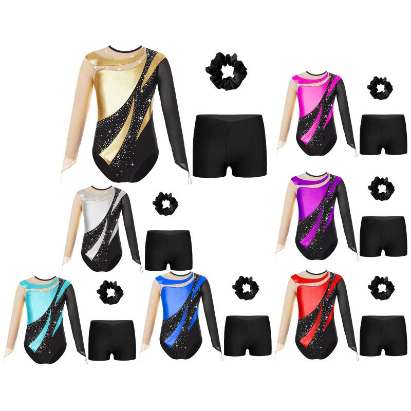 Kinder Mädchen Metallic Langarm Gymnastikanzug mit Shorts Haargummi Tanz Unitard Biketards Tanzbekleidung 7-8 Years heißes rosa von Joom DACH