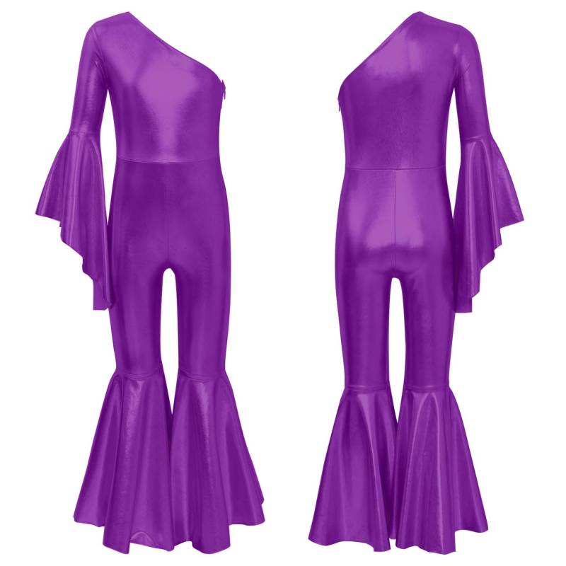 Kinder Mädchen Metallic Shiny Bell-Bottom Dance Overall Mode Eine Schulter Flare Hülse Body Karneval Motto Party 11-12 Years violett von Joom DACH