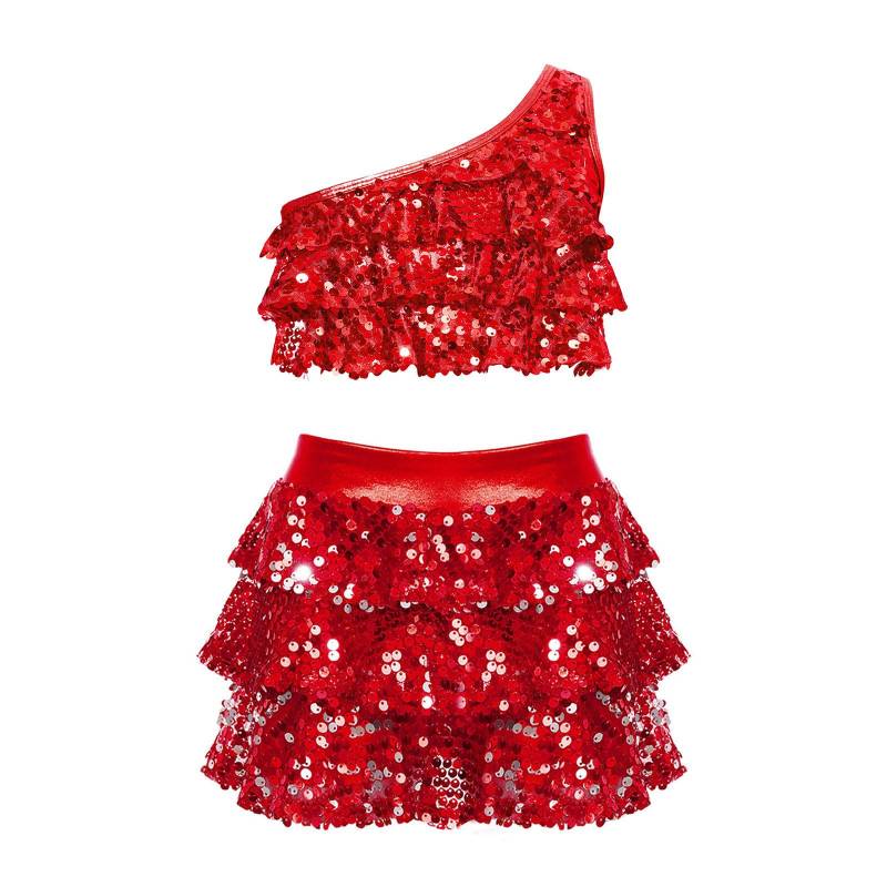 Kinder Mädchen Modern Jazz Dance Set Pailletten Crop Top mit Röcken Ballsaal Tanzkostüm 7-8 Years rot von Joom DACH