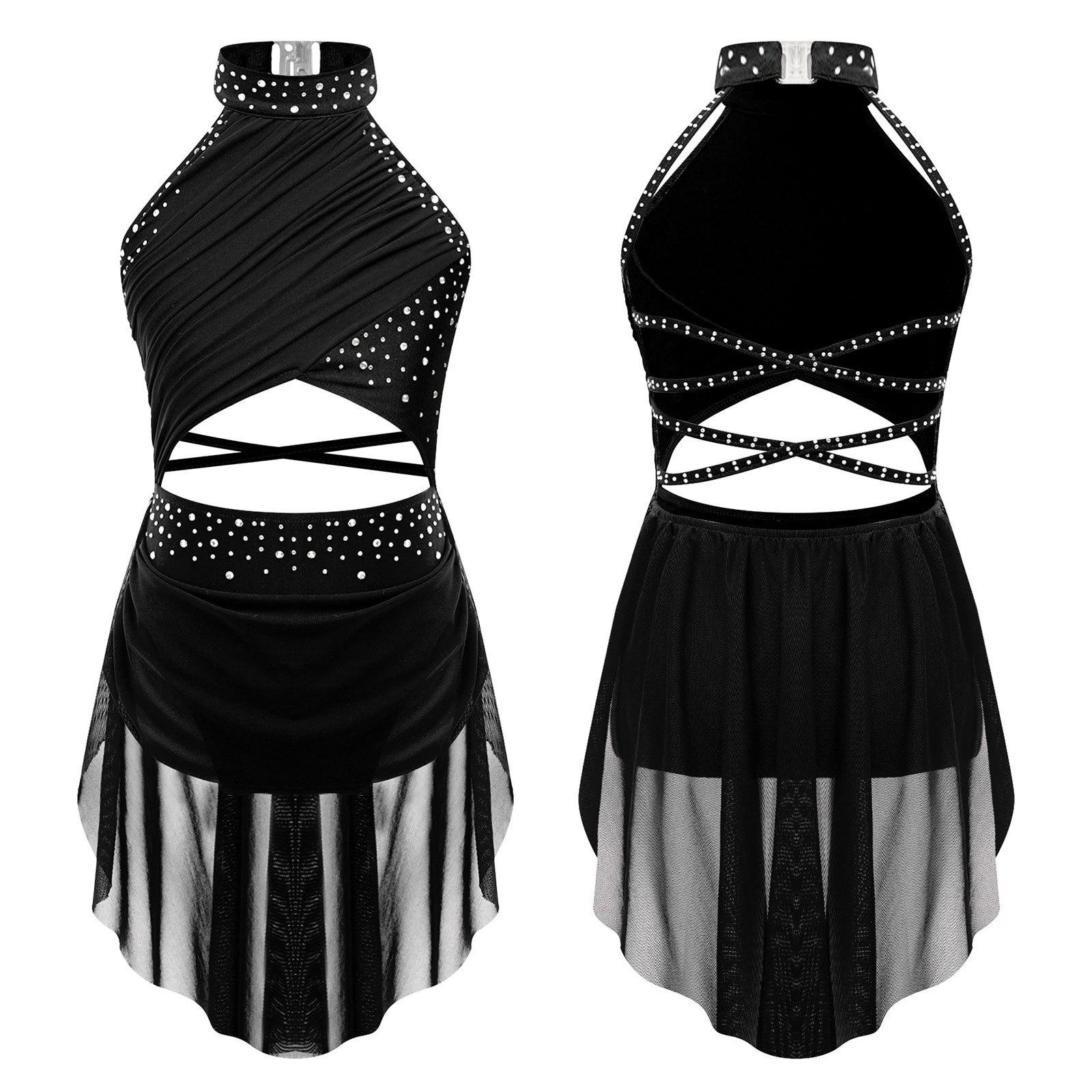 Kinder Mädchen Modern Lyrical Dance Kleid Ballett Eiskunstlauf Gymnastik Trikot Bodysuit Kostüm Strappy Back Latin Jazz Kleid 11-12 Years schwarz von Joom DACH