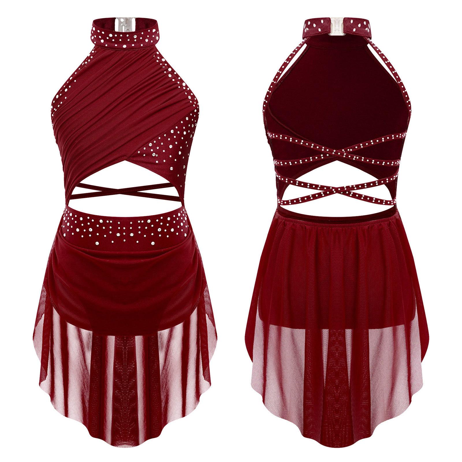 Kinder Mädchen Modern Lyrical Dance Kleid Ballett Eiskunstlauf Gymnastik Trikot Bodysuit Kostüm Strappy Back Latin Jazz Kleid 11-12 Years bordeaux von Joom DACH