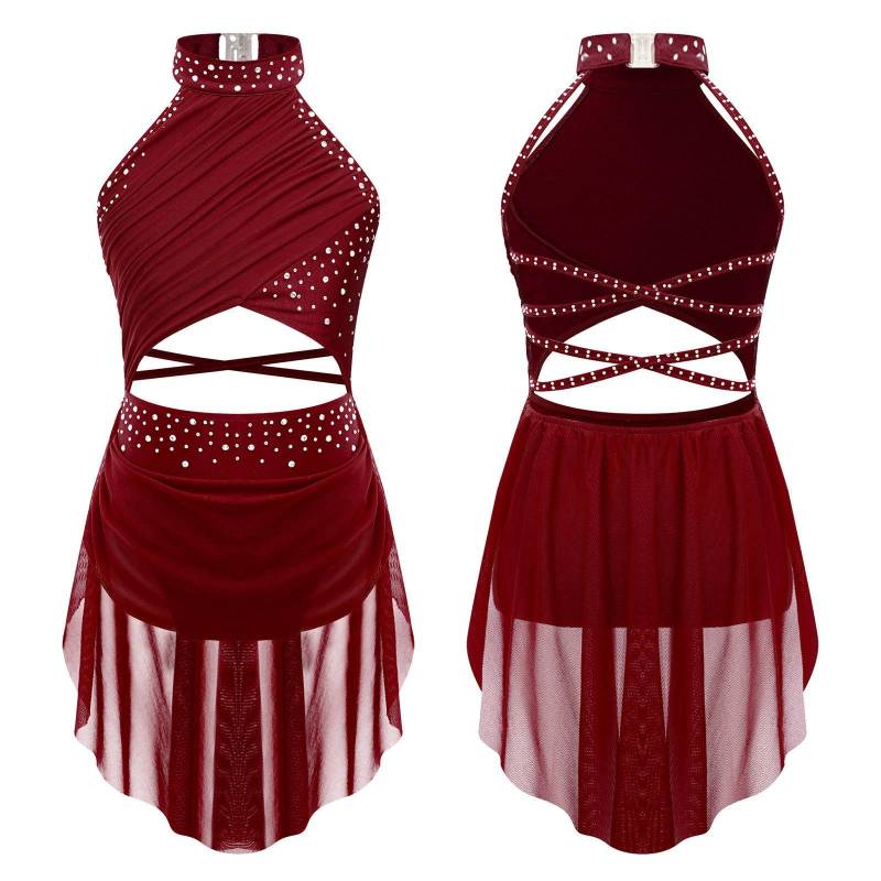 Kinder Mädchen Modern Lyrical Dance Kleid Ballett Eiskunstlauf Gymnastik Trikot Bodysuit Kostüm Strappy Back Latin Jazz Kleid 11-12 Years bordeaux von Joom DACH