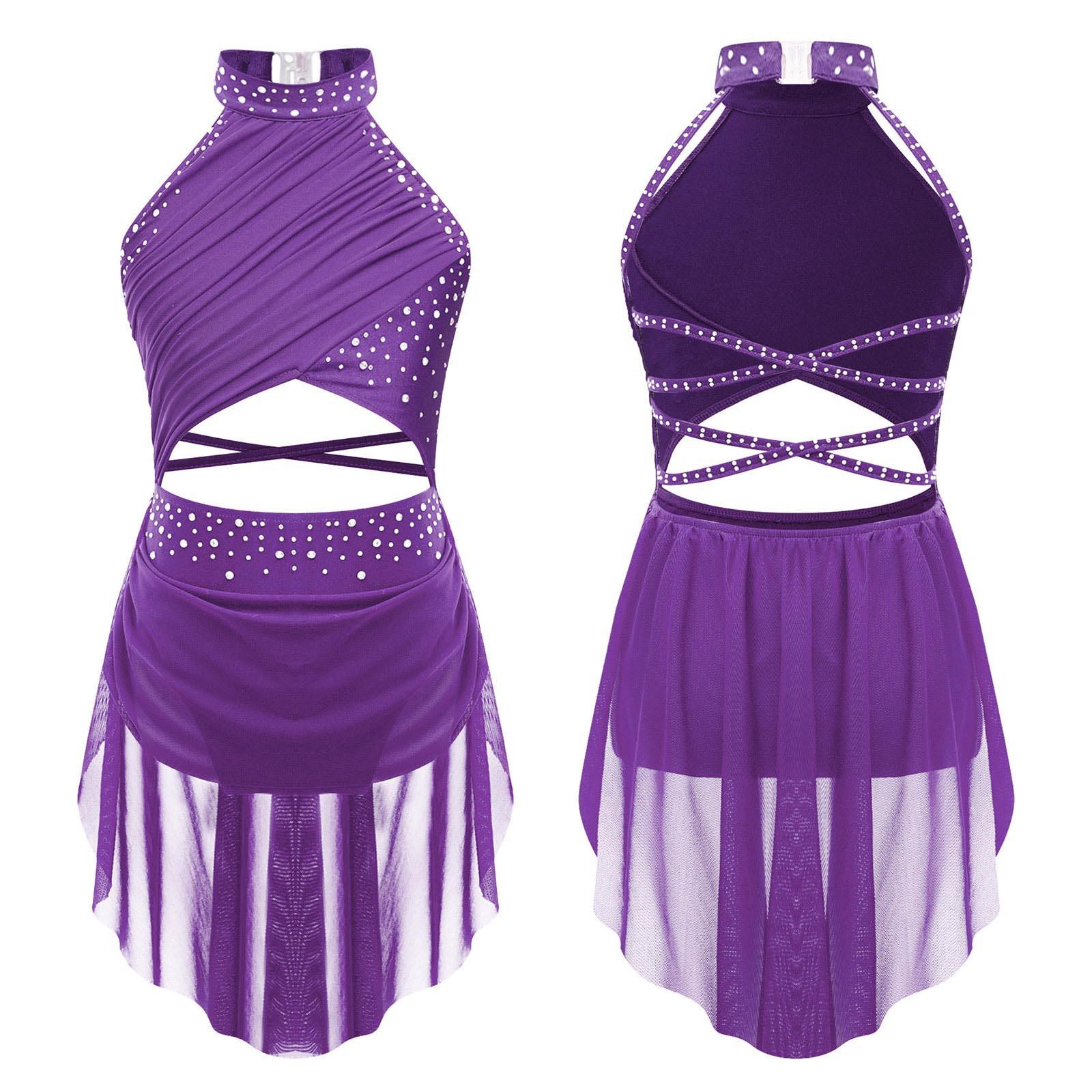 Kinder Mädchen Modern Lyrical Dance Kleid Ballett Eiskunstlauf Gymnastik Trikot Bodysuit Kostüm Strappy Back Latin Jazz Kleid 13-14 Years violett von Joom DACH