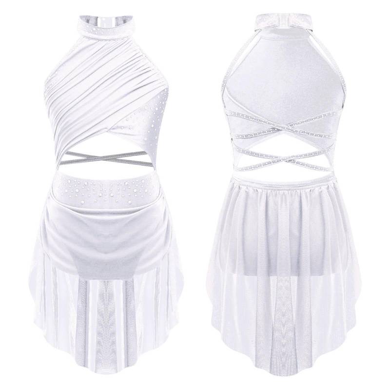 Kinder Mädchen Modern Lyrical Dance Kleid Ballett Eiskunstlauf Gymnastik Trikot Bodysuit Kostüm Strappy Back Latin Jazz Kleid 13-14 Years weiß von Joom DACH