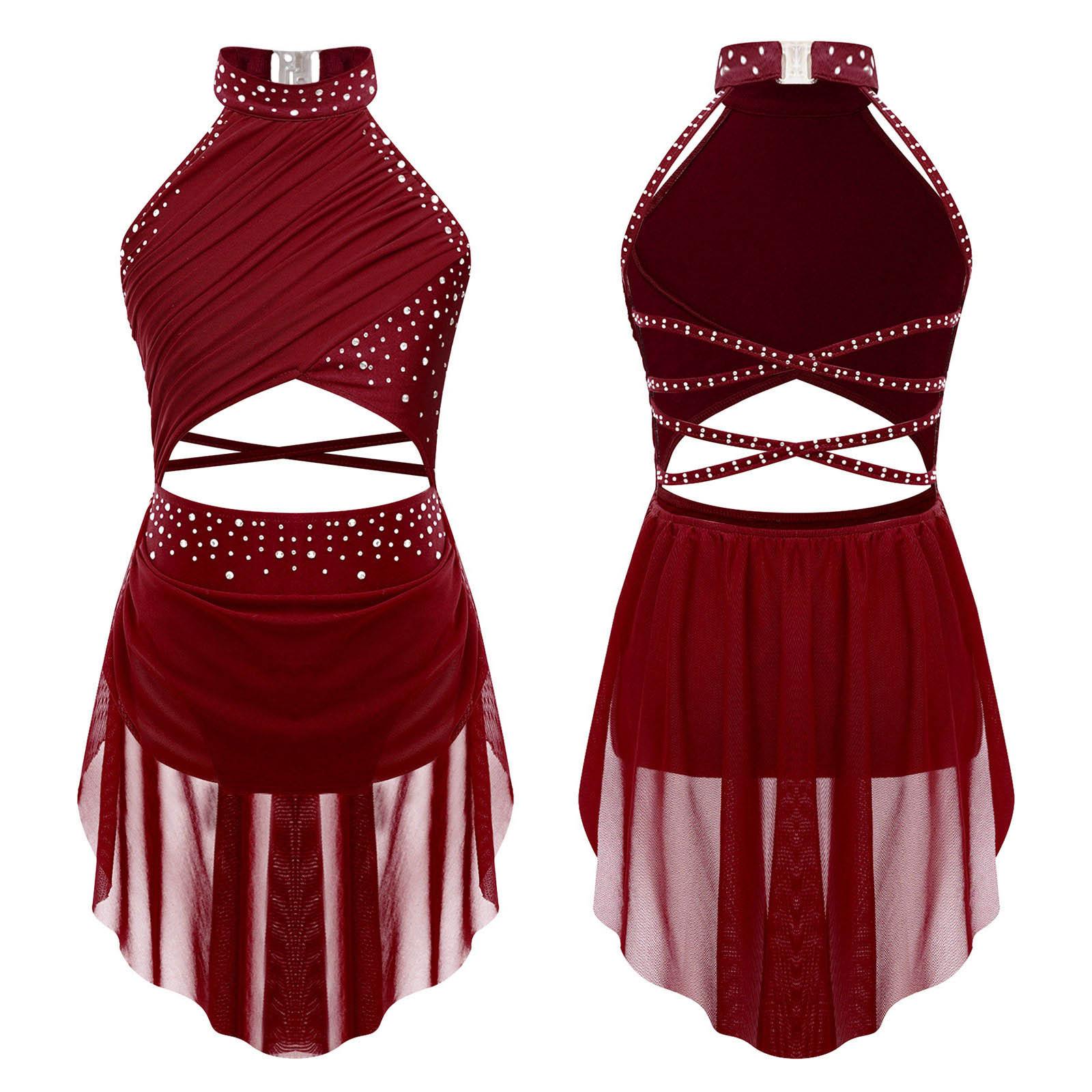 Kinder Mädchen Modern Lyrical Dance Kleid Ballett Eiskunstlauf Gymnastik Trikot Bodysuit Kostüm Strappy Back Latin Jazz Kleid 13-14 Years bordeaux von Joom DACH