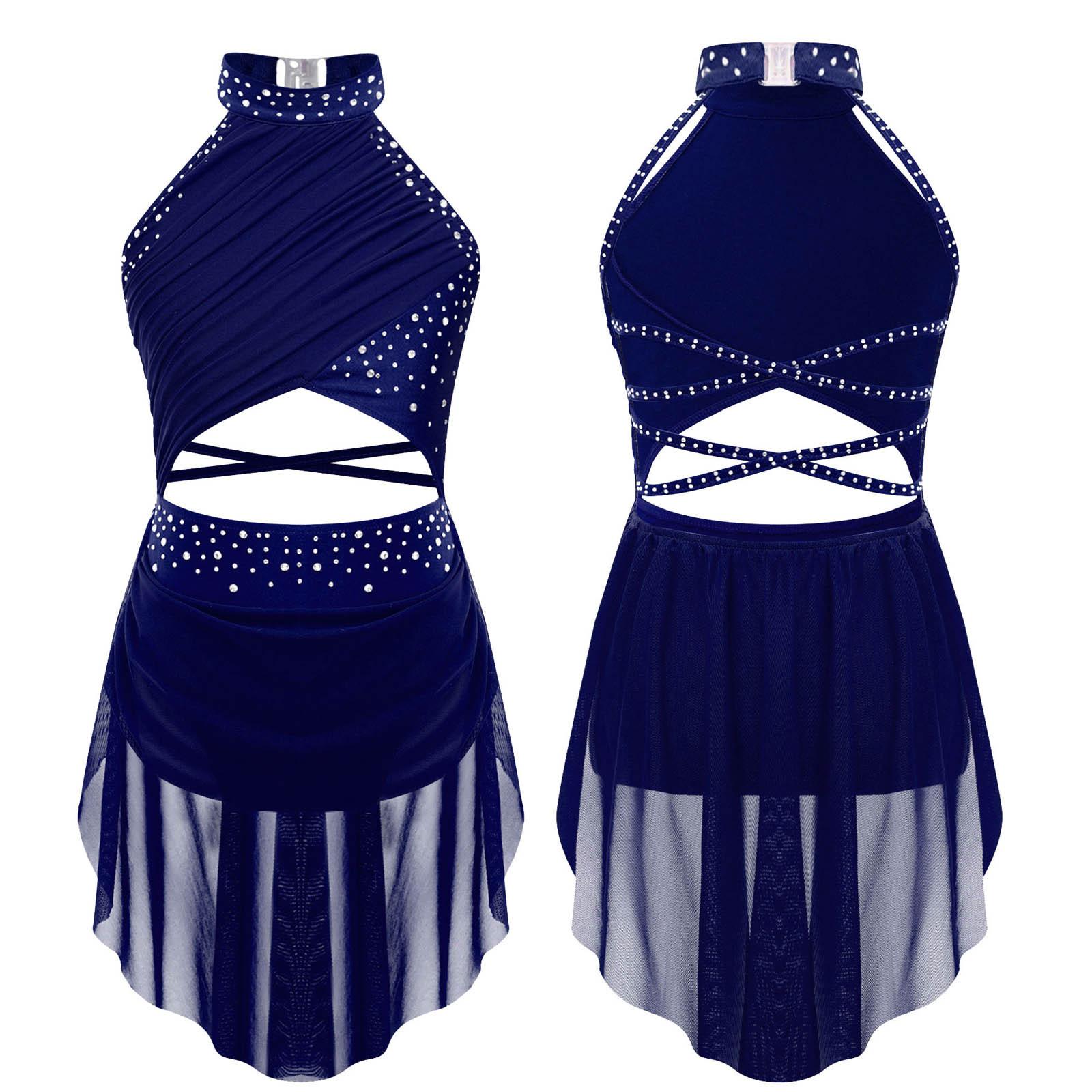 Kinder Mädchen Modern Lyrical Dance Kleid Ballett Eiskunstlauf Gymnastik Trikot Bodysuit Kostüm Strappy Back Latin Jazz Kleid 15-16 Years navy blau von Joom DACH