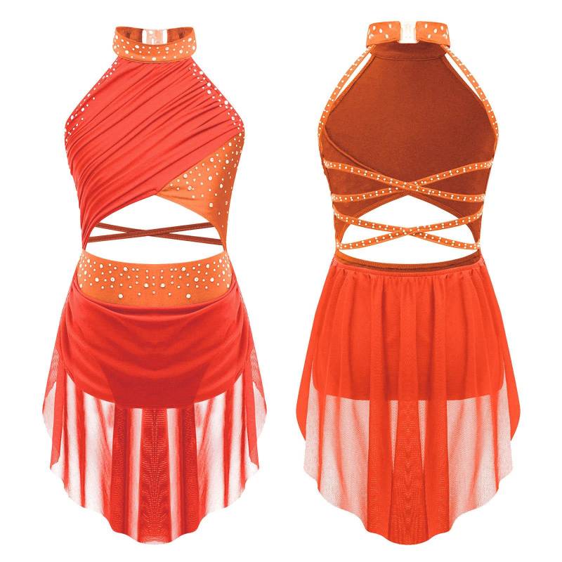 Kinder Mädchen Modern Lyrical Dance Kleid Ballett Eiskunstlauf Gymnastik Trikot Bodysuit Kostüm Strappy Back Latin Jazz Kleid 7-8 Years fluoreszierende orange von Joom DACH