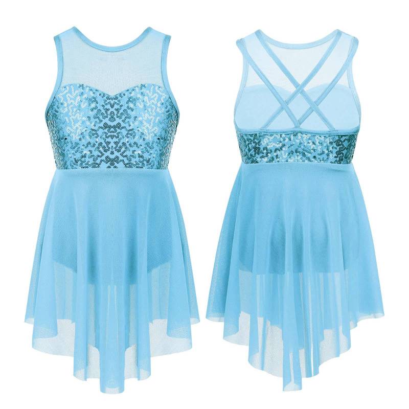 Kinder Mädchen Moderne Lyrische Tanzkostüme Ärmellose Pailletten Überkreuzte Rückseite Ballett Unregelmäßiges Trikotkleid 11-12 Years hellblaue von Joom DACH