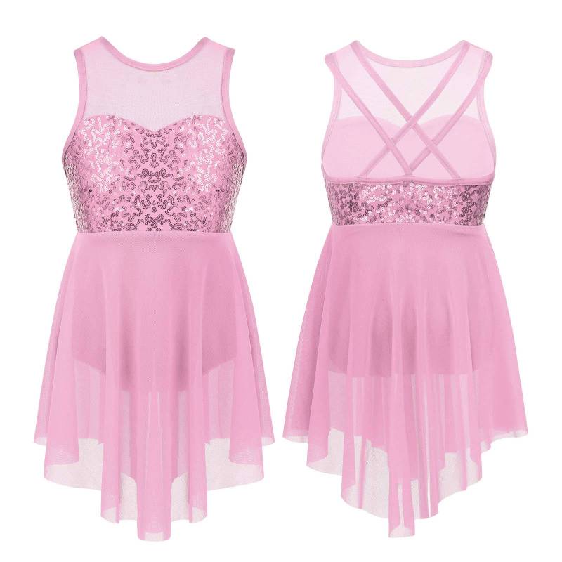 Kinder Mädchen Moderne Lyrische Tanzkostüme Ärmellose Pailletten Überkreuzte Rückseite Ballett Unregelmäßiges Trikotkleid 13-14 Years rosa von Joom DACH