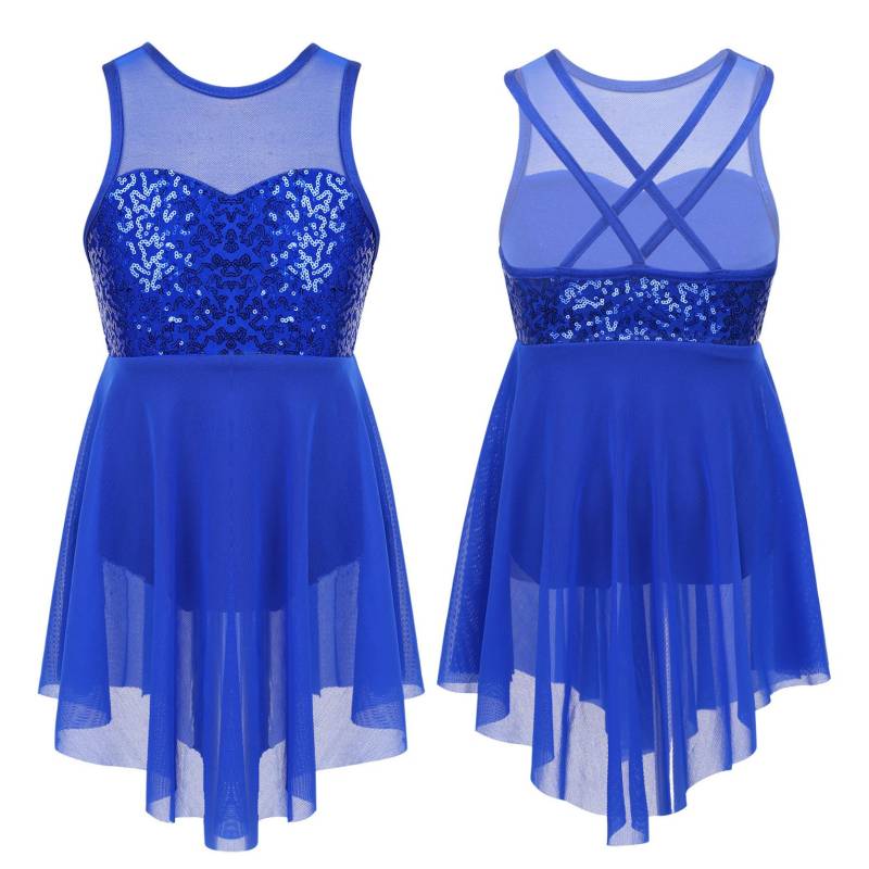 Kinder Mädchen Moderne Lyrische Tanzkostüme Ärmellose Pailletten Überkreuzte Rückseite Ballett Unregelmäßiges Trikotkleid 15-16 Years königsblau von Joom DACH
