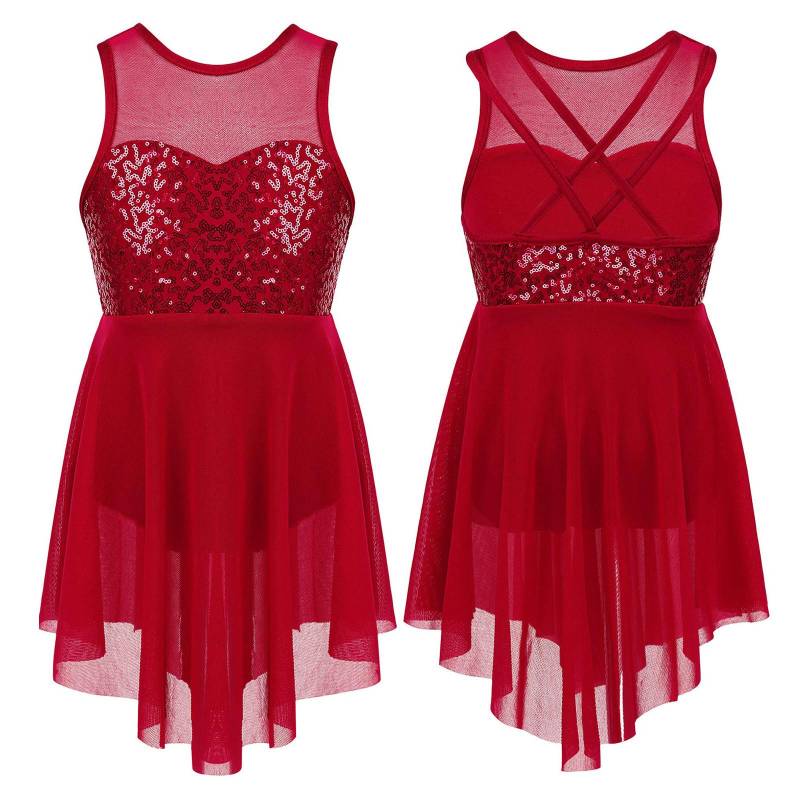 Kinder Mädchen Moderne Lyrische Tanzkostüme Ärmellose Pailletten Überkreuzte Rückseite Ballett Unregelmäßiges Trikotkleid 15-16 Years bordeaux von Joom DACH