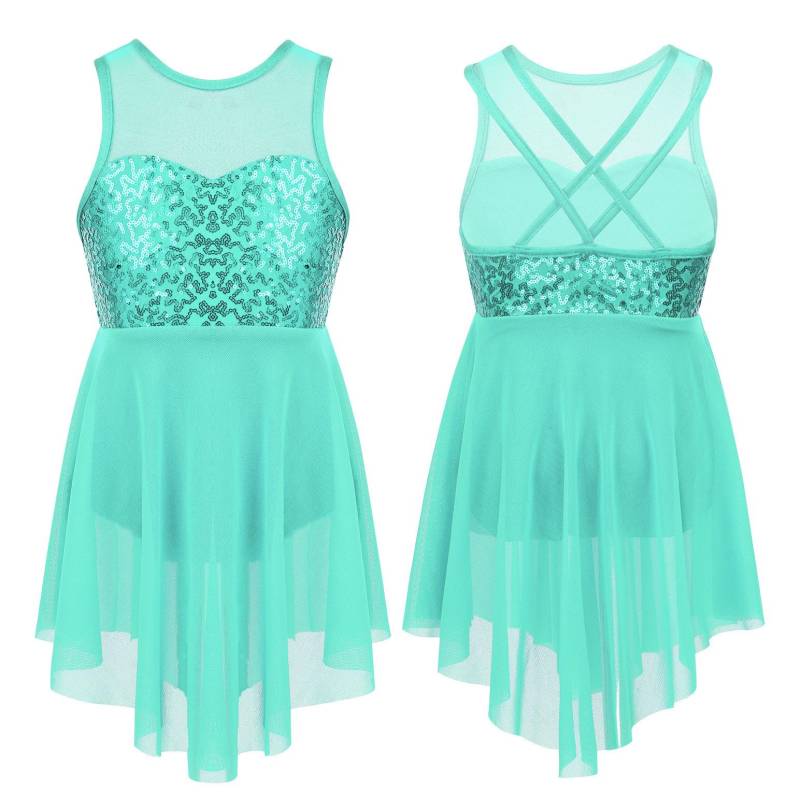 Kinder Mädchen Moderne Lyrische Tanzkostüme Ärmellose Pailletten Überkreuzte Rückseite Ballett Unregelmäßiges Trikotkleid 7-8 Years minze, grüne von Joom DACH