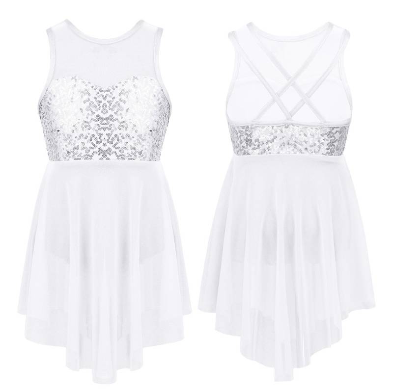 Kinder Mädchen Moderne Lyrische Tanzkostüme Ärmellose Pailletten Überkreuzte Rückseite Ballett Unregelmäßiges Trikotkleid 9-10 Years weiß von Joom DACH