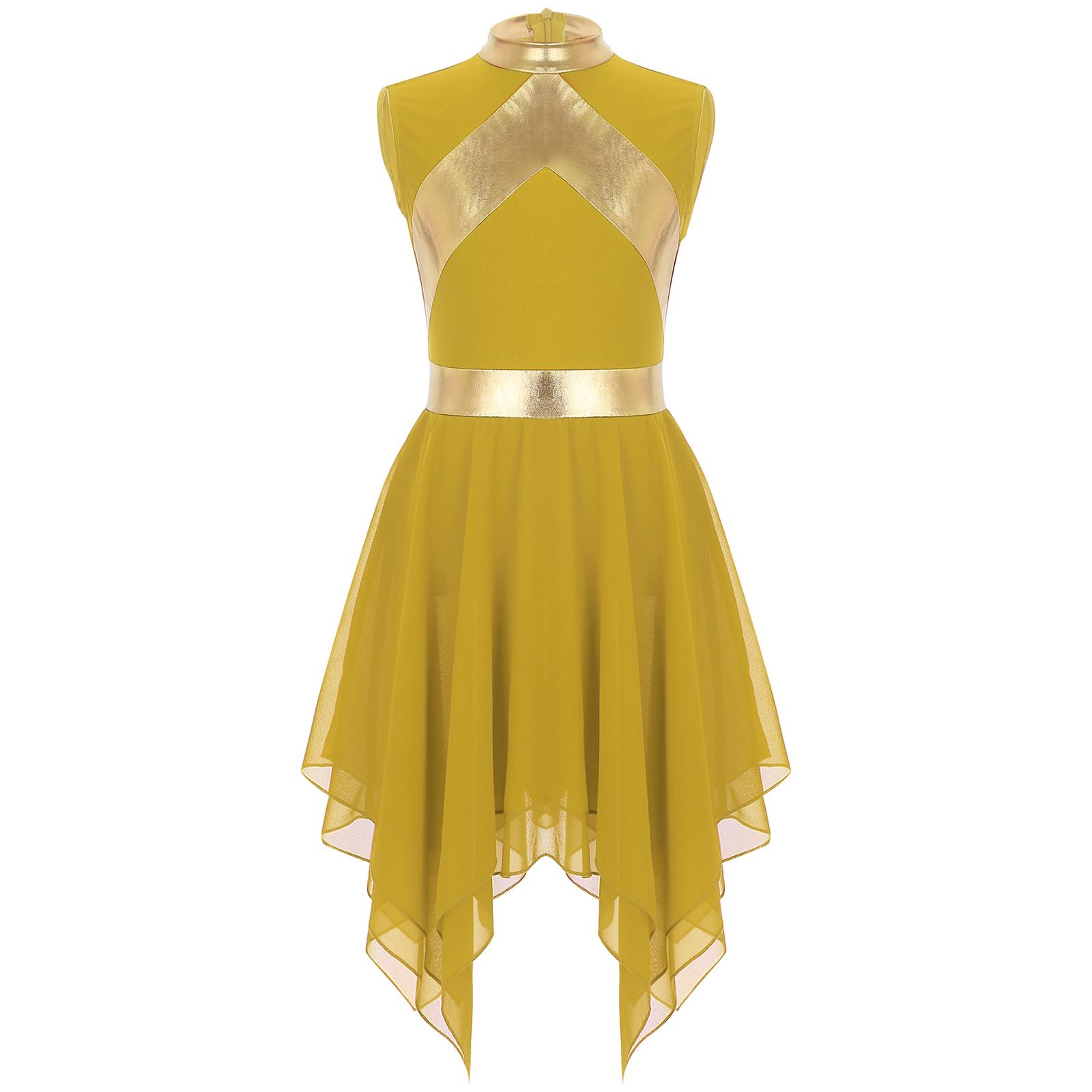 Kinder Mädchen Modernes Liturgisches Kleid Metallic Stoff Ärmellos Asymmetrisches Tanzkleid 13-14 Years gelb von Joom DACH