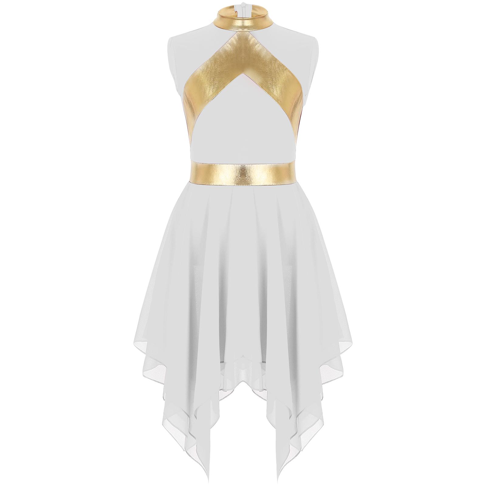 Kinder Mädchen Modernes Liturgisches Kleid Metallic Stoff Ärmellos Asymmetrisches Tanzkleid 9-10 Years weiß von Joom DACH